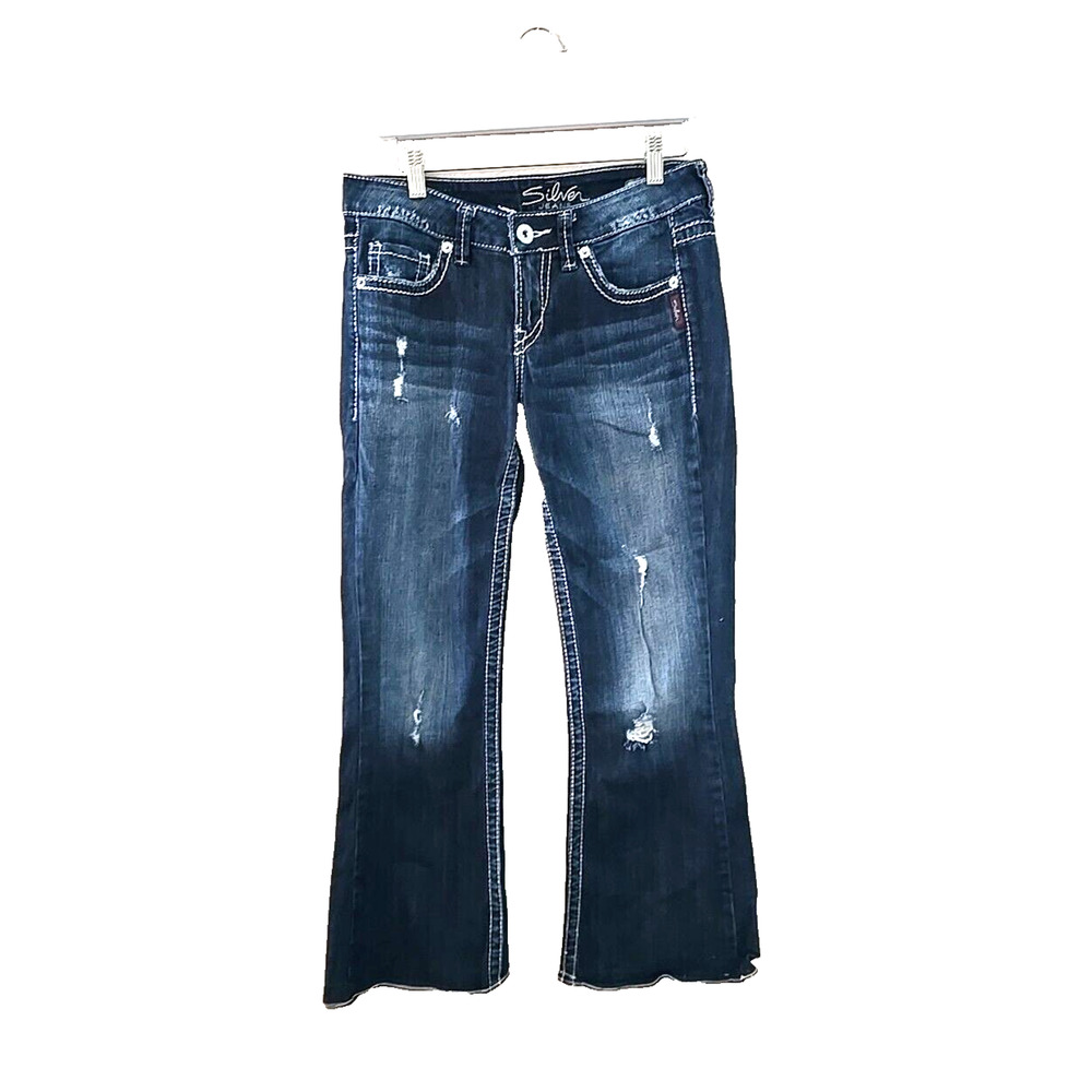 Silver Jeans Blue Denim Lola Flared Low Rise Distressed Jeans Womans Size 27
